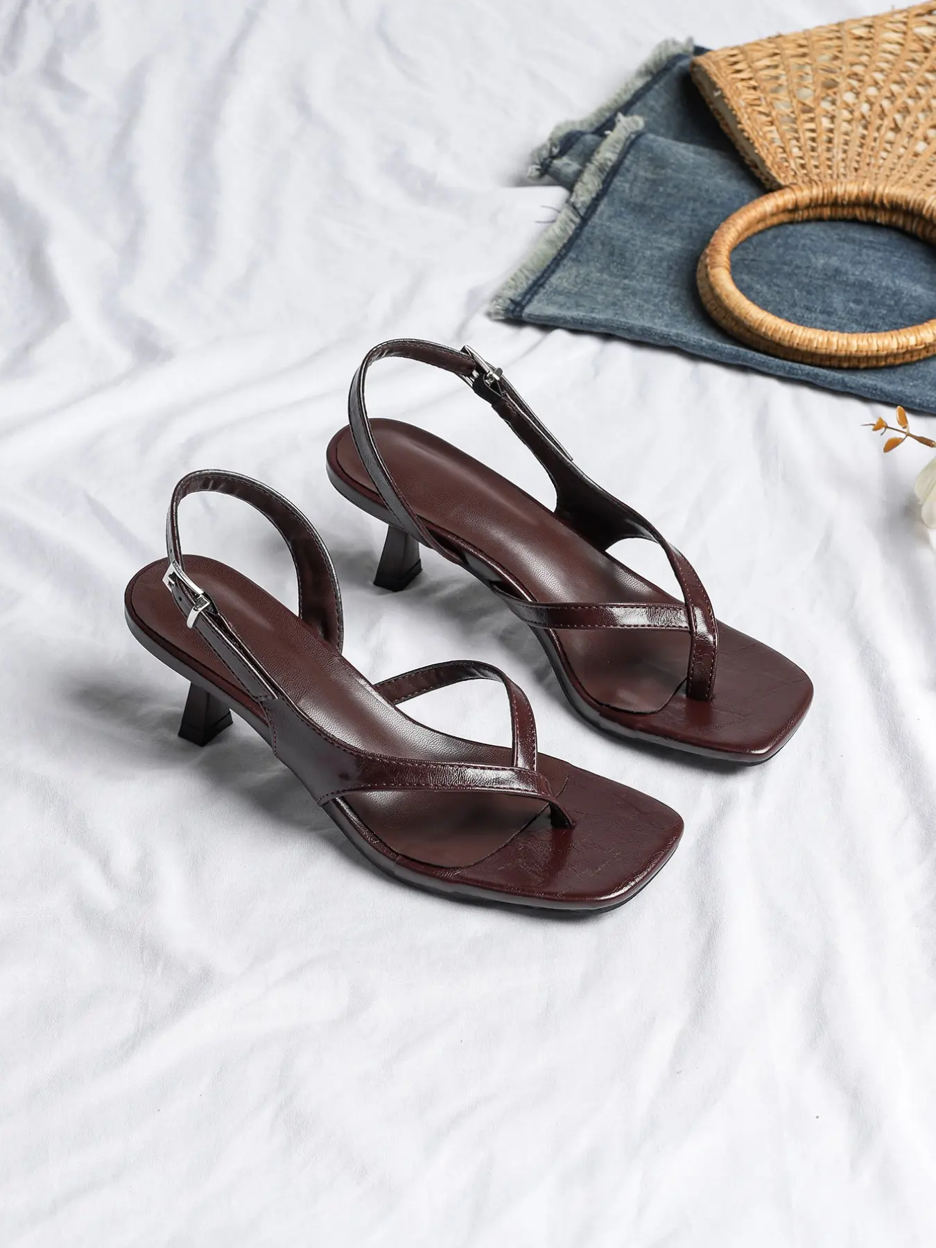 Women's Square Toe Wedge High Heel Classic Fashionable Heeled Sandals, Buckle Wedges, Cross Strap Buckle Back, PU Leather, Comfortable Walking Shoes for Daily Wear