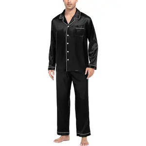 Mens Silk Satin Pajamas Set Long Sleeve Sleepwear Button-Down Pj Two-piece Loungewear with Long Pants S-XXL