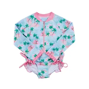 Island Palm Rash Guard Swimsuit - Light Blue Girls Long Sleeve Swimwear