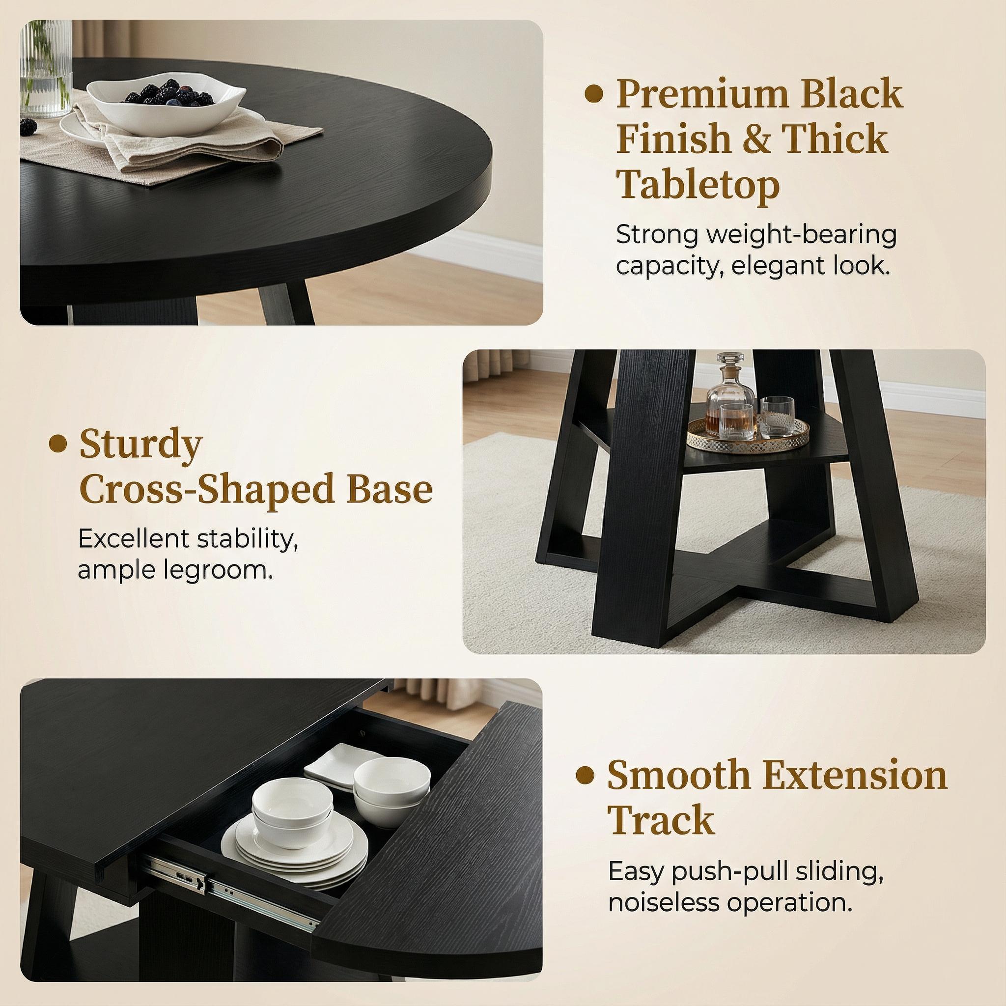 Extendable Round Dining Table for 4-8, Space Saving Kitchen Table with Storage Shelf, Modern Oval Expandable Table 300 lbs Capacity, Easy Assembly, Black Extendable Round Dining Table for 4-8, Space Saving Kitchen Table with Storage Shelf, Modern Oval Expandable Table 300 lbs Capacity, Easy Assembly, Black