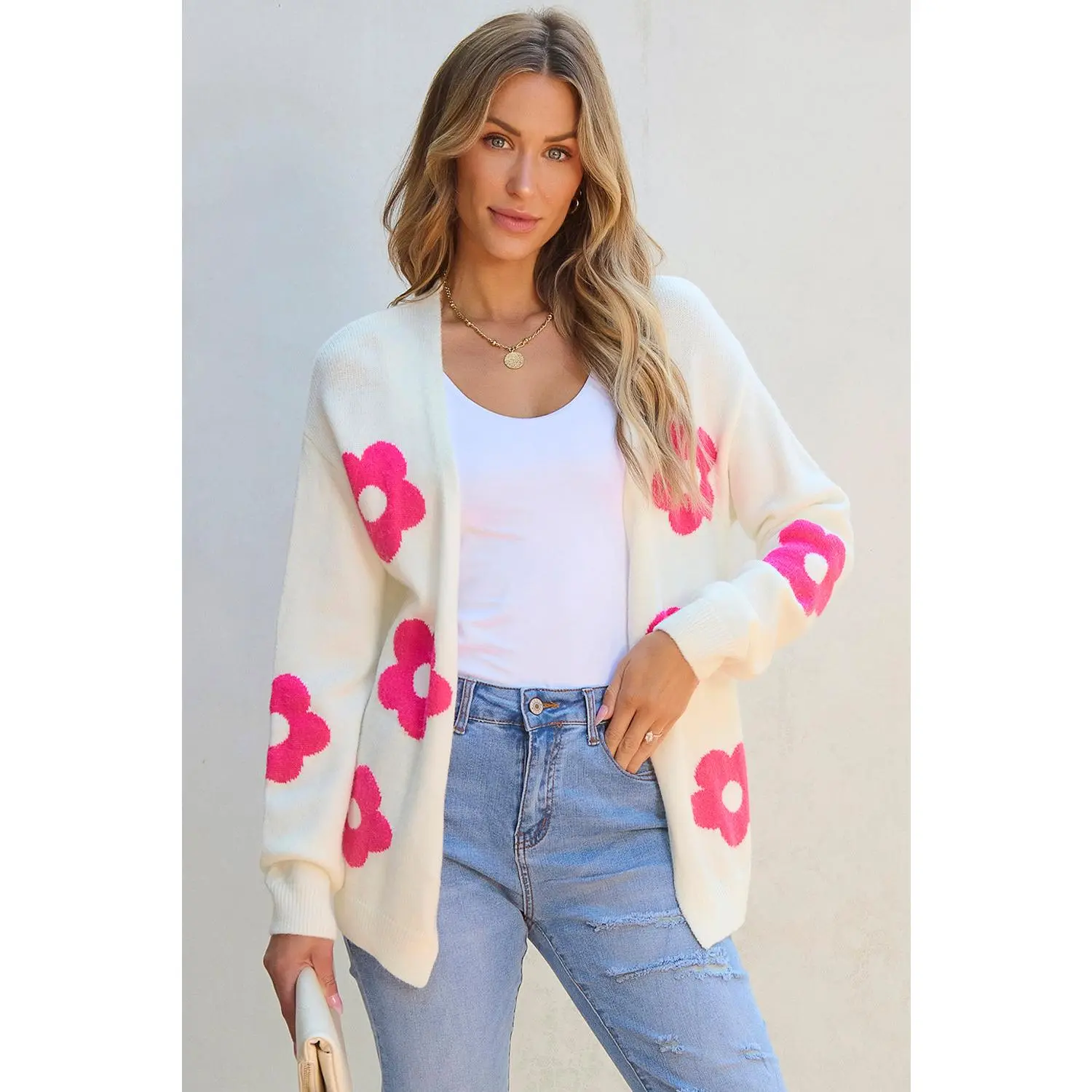Rose Red Flower Pattern Open Front Cardigan