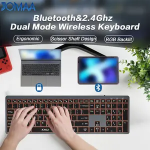 JOMAA Ergomomic Full Size 2.4G+Dual Bluetooth Keyboard Wireless Rechargeable Multi-Device 7 Color RGB Backlight Keyboard for Windows/Mac OS/i0S Laptop PC