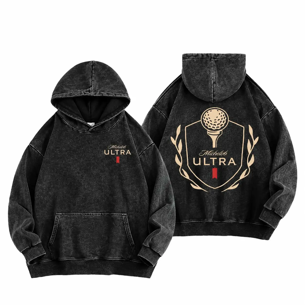Men’s Vintage Washed Michelob Ultra Golf Hoodie, Golf Ball Crest Graphic Pullover Sweatshirt, Oversized Retro Streetwear Hoodie, Front & Back Print, Golf Gift for Men
