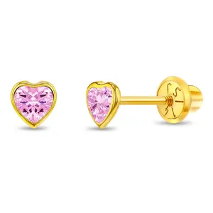 14k Gold Bezel CZ Heart Baby / Toddler / Kids Earrings Safety Screw Back