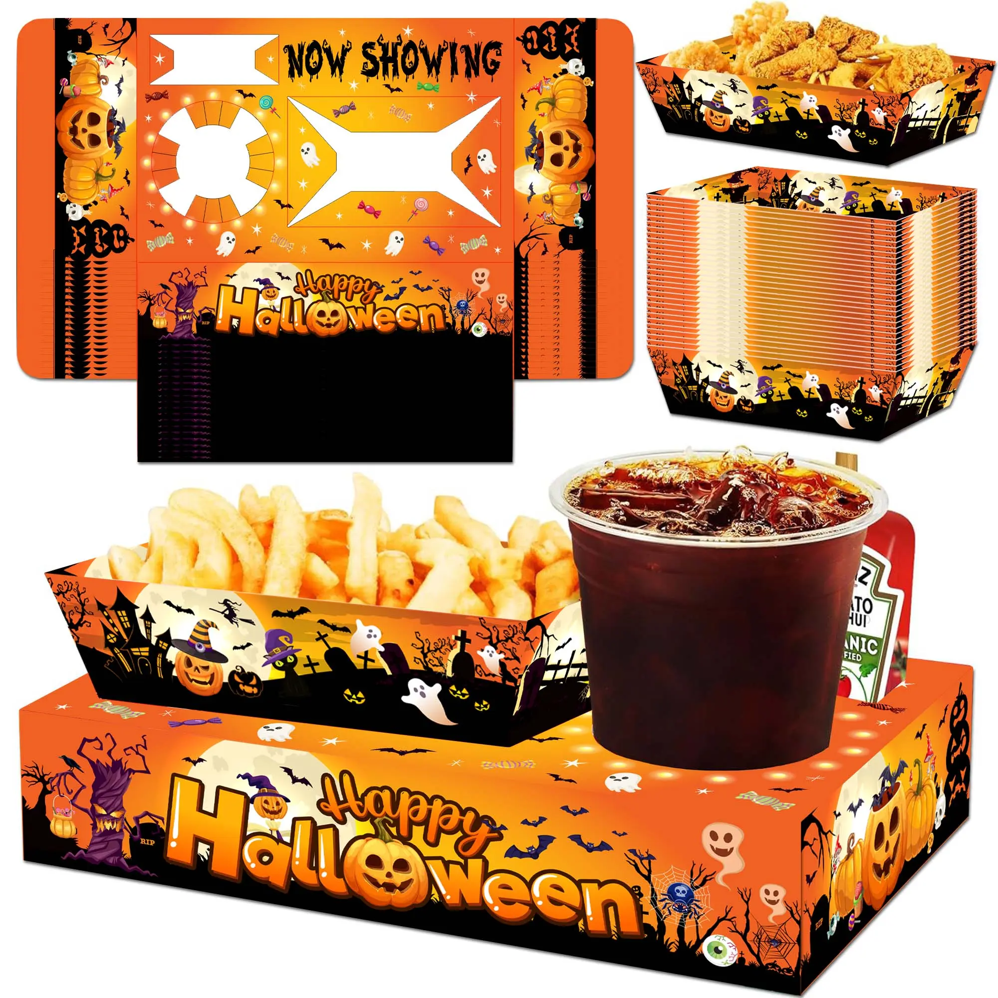 DECEAUTIFY 40pcs Novelty Print Food Trays for Party, Animal & Figure-Themed Disposable Tableware Supplies with Plates, Halloween Gatherings Home Festive Essentials