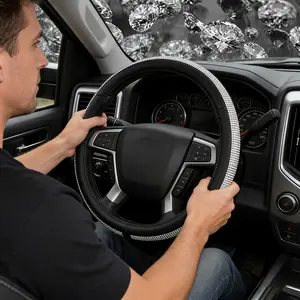 Crystal Rhinestone Car Steering Wheel Cover - Universal, Non-Slip Black PU Leather, Shiny Car Accessories, Perfect Car Gift for Her