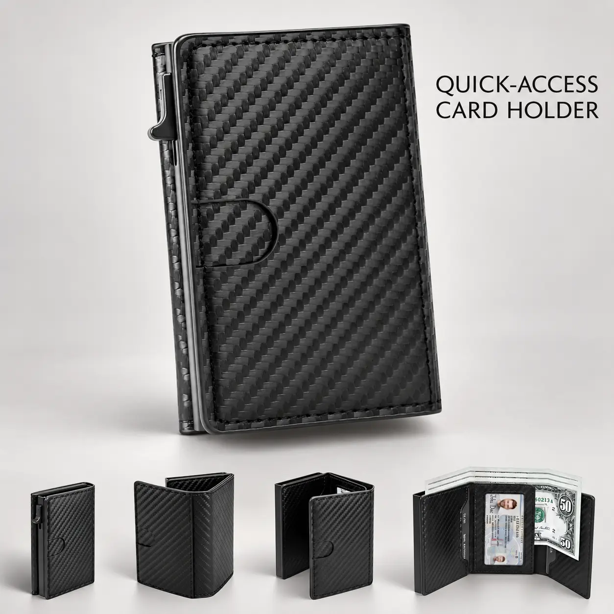 WOOVR Men's Bifold EDC RFID Blocking Leather Wallet - Upgraded Slim Card Holder with 6-9 Card Capacity, Carbon Fiber Accents, ID Window, Cash Slot, Anti-Theft Pocket, Ideal for Business Travel, Boyfriend Gift, Mens Wallet
