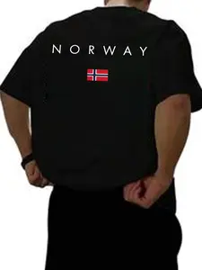 Norwegian Flag Print T-Shirt, Loose Casual Short Sleeve, National Pride Theme, Vintage Street Style, Men's Daily Wear, Unisex Home Leisure Top