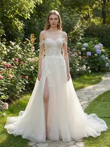 One-Shoulder Heart Neckline Sexy High Slit Lace Embroidered Long Wedding Dress, Elegant Bridal Gown, Wedding Gowns For Bride, Perfect for Special Occasions