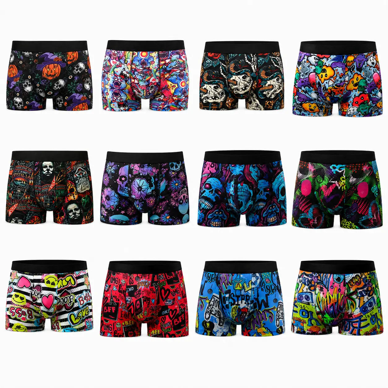 KXLBL Men's Graphic Boxer Briefs 12-Pack Bundle - 7-Inch Inseam Standard Length, Soft Stretchy Breathable Poly Blend Fabric, Athletic Activewear Menswear Underwear