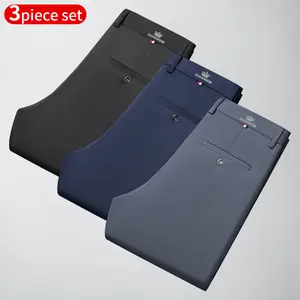 Men’s formal long pants, solid color, front button-and-zipper closure, suitable for formal occasions and everyday casual wear (set of 3).