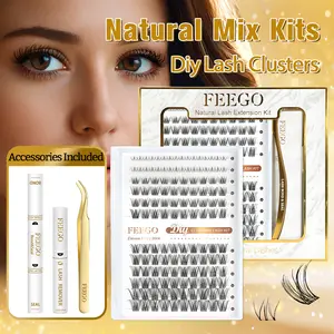 FEEGO Natural Mix Kits Upper and Lower Eyelash Kits - Upper Lashes 8-16mm 100pcs Lower Lashes 5-6mm 32pcs Eyelash Extension Kits Double Ended Adhesive, Remover, Tweezers Reusable Eyelash Kits Thin Individual C-Curl Cluster DIY Set Fluffy Wispy Volume