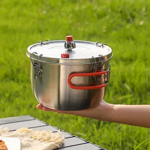 304 Stainless Steel Camping Pot Set, Includes Pot Body, Lid, Steamer Basket, Bag, Foldable Handle, Insulated Cover, Lightweight Durable Cookware