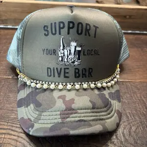 Support Your Local Dive Bar Trucker Hat with Camo Design and Pearl Bead Trim