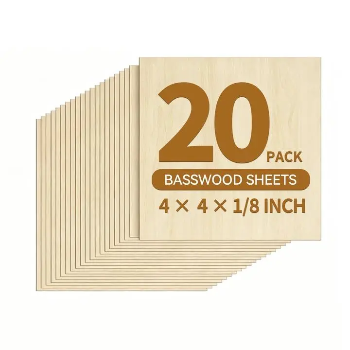 20 Pack Baltic Birch Plywood Sheets 4 x 4 x 1/8 Inch 3mm Wood Blanks for Laser Engraving Wood Burning Cricut Crafts Model Making and DIY Gifts FathersDayGift