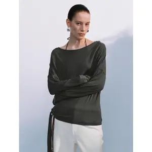 URBAN REVIVO 2026 Spring New Arrival Women's Stretchy Lyocell Thin Fabric Slouchy Casual Blouse - Round Neck, Longsleeves, Cutout Tie Detail, T-Shirt, Clothes, UWG450173