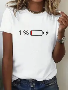 1% Battery Graphic T-Shirt, Casual Fitted Cotton Tee for Home Relaxation, Quirky Fun Design for All Seasons, Trendy Lazy Fashion Essential