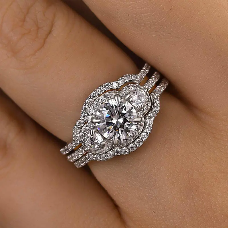 Maxine Unique Three Stone 1.0ct Round Cut 3PC Engagement Ring Set,Bridal Set Rings,Women's Ring Jewelry,Wedding Ring Set for Daily,Travel,Proposal,Birthday,Anniversary, Bridal Ring Sets, Proposal Gift