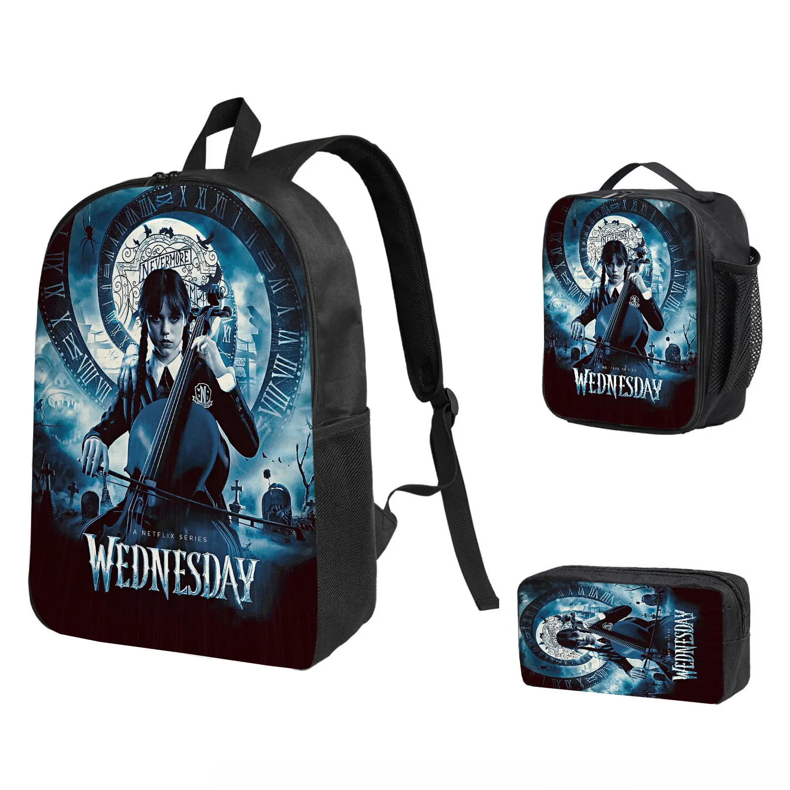 Wednesday Anime Print 3-in-1 Water-Resistant Backpack Combo (b-255) - Lightweight Elementary School Bookbag with Insulated Lunch Bag, Cartoon Graphic Pencil Case, Adjustable Straps, Back to School Haul Holiday Gift, Hiking Daypack