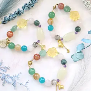 Gold Horse Charm Crystal Bracelet | Natural Gemstone Beaded Bracelet with Stainless Steel Clasp