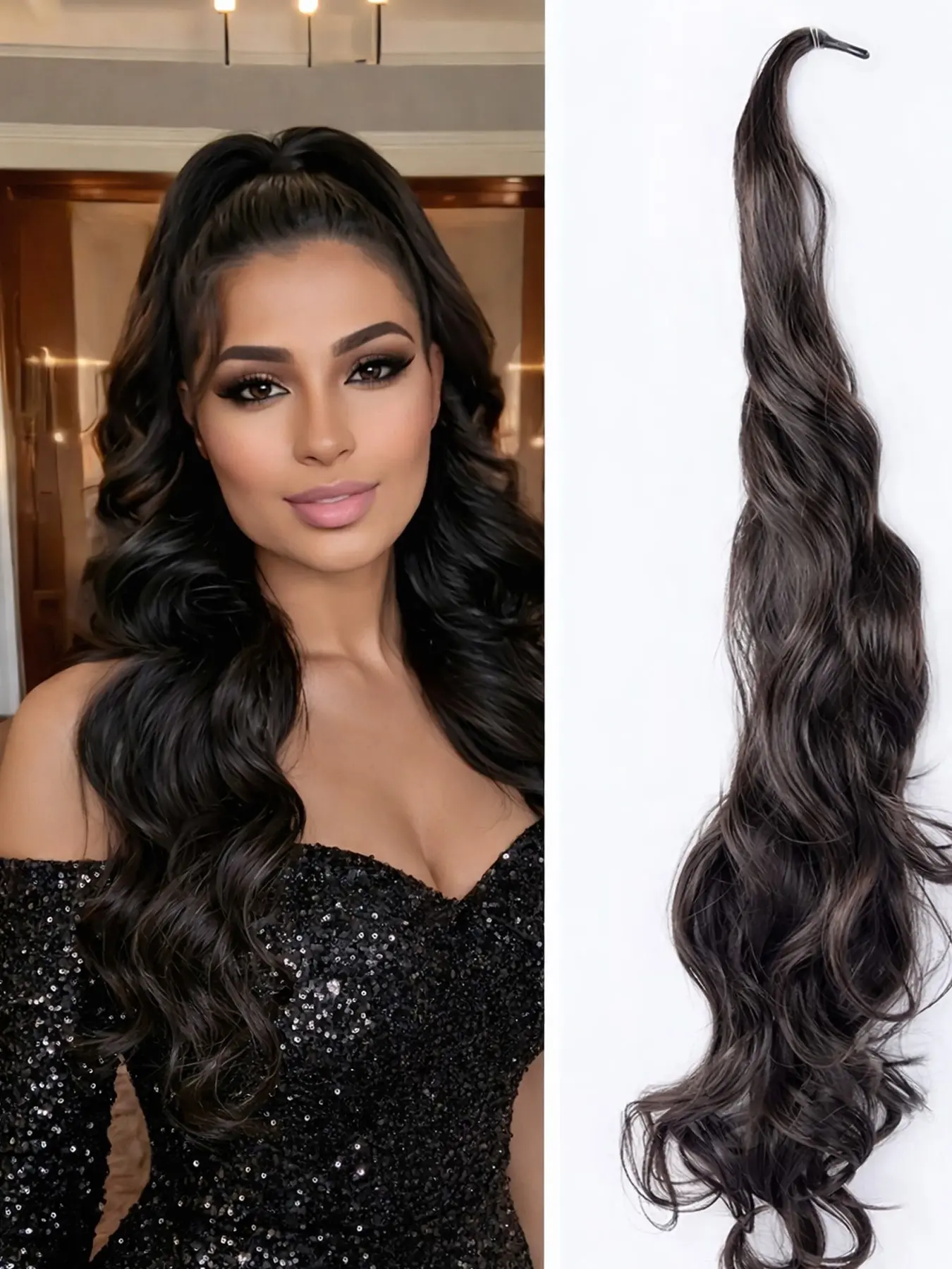 Ponytail Extension Flexible Wrap Around Ponytail Hair Extensions 32 Inch Long Synthetic Curly Pony Tails Hair Extensions Wavy Hair Ponytails Hairpieces For Women Daily Use (2#(Black Brown))