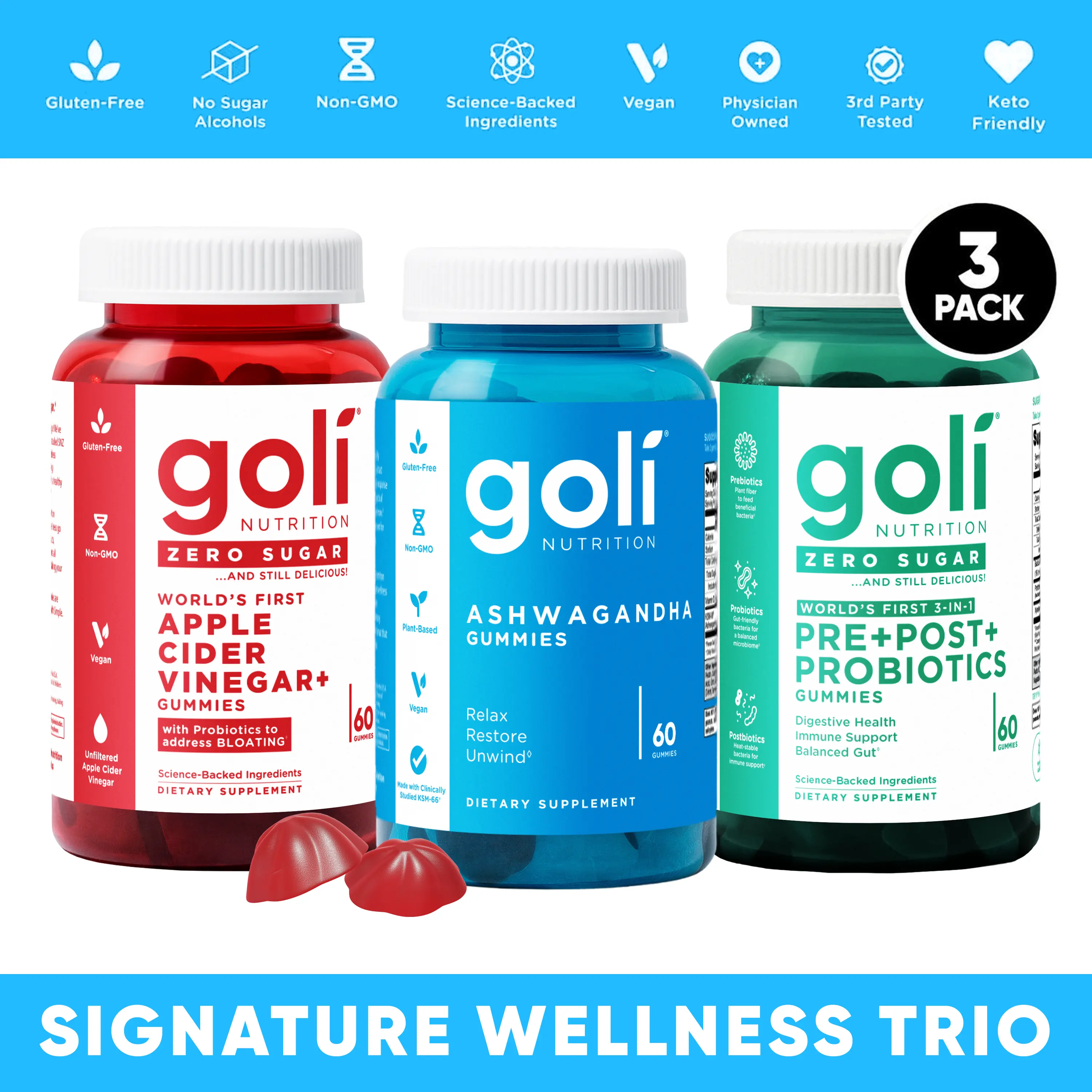 Signature wellness Bundle - Ashwagandha & Zero Sugar Apple Cider Vinegar & Zero Sugar Pre Post Probiotic - Vegan, Plant Based, Non-GMO, Gluten-Free & Gelatin Free. Signature wellness Bundle - Ashwagandha & Zero Sugar Apple Cider Vinegar & Zero Sugar Pre Post Probiotic - Vegan, Plant Based, Non-GMO, Gluten-Free & Gelatin Free.