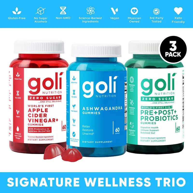 Signature wellness Bundle - Ashwagandha & Zero Sugar Apple Cider Vinegar & Zero Sugar Pre Post Probiotic - Vegan, Plant Based, Non-GMO, Gluten-Free & Gelatin Free.