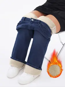 Women's Plus Size Fleece Lined Denim Bell Bottoms, Fashionable Elastic Comfortable Multi-Color Jeans, Fall & Winter Trendy