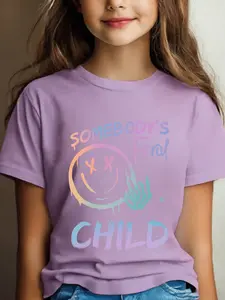Girls' Feral Child Smiley Gradient Graffiti Print T-Shirt, Comfortable Soft Fabric, Cute Trendy Casual Wear, Graphic Print Tee, Clothing