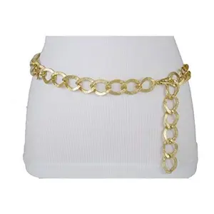 TFJ Women Dressy Belt Gold Metal Chain Links Hip High Waist Skinny Waistband M L XL