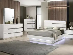 00-B69-4PC 4 pc Paradox high gloss white finish wood queen bed set LED lighting and shimmering accents