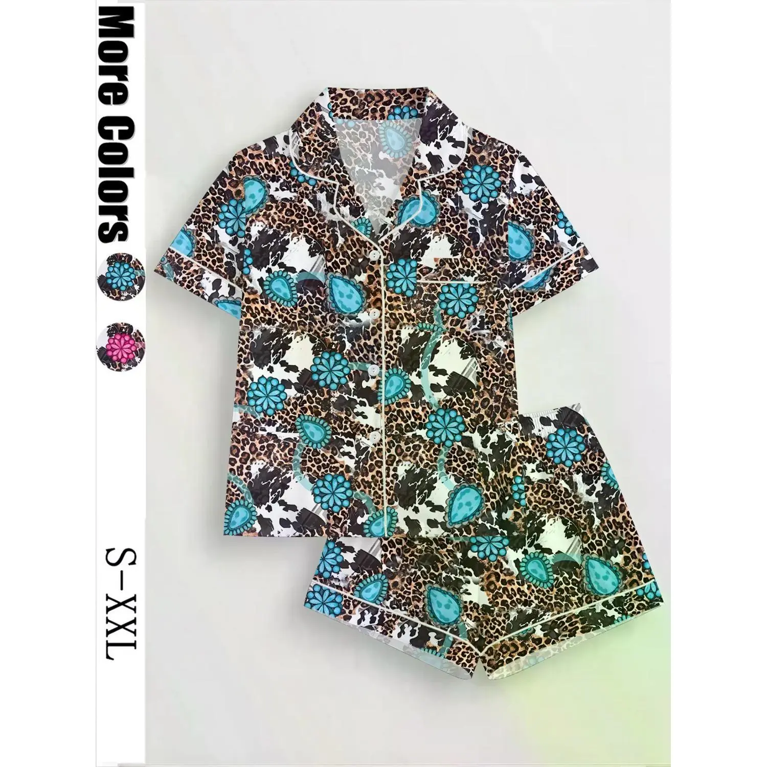 Women's Leopard Print Pajama Set, Short Sleeve Button-Front Top & Elastic Waist Shorts, Casual Fit Sleepwear Loungewear, Comfortable All-Season Attire