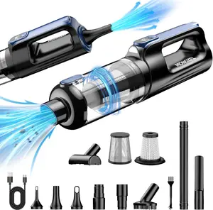 Portable Cordless Car Vacuum Cleaner and Air Duster, Handheld Cleaning Tool with Strong Suction Brushless Motor and Rechargeable Battery, Includes Multiple Nozzles and Built In Light for Car Home Office and Pet Hair Cleaning Use