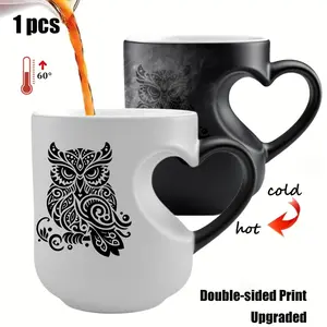 Stylish and Owl Design Thermosensitive Ceramic Mug, Magic Color Changing Heart Handle Mug, 11 Oz Coffee Mug Christmas Gift