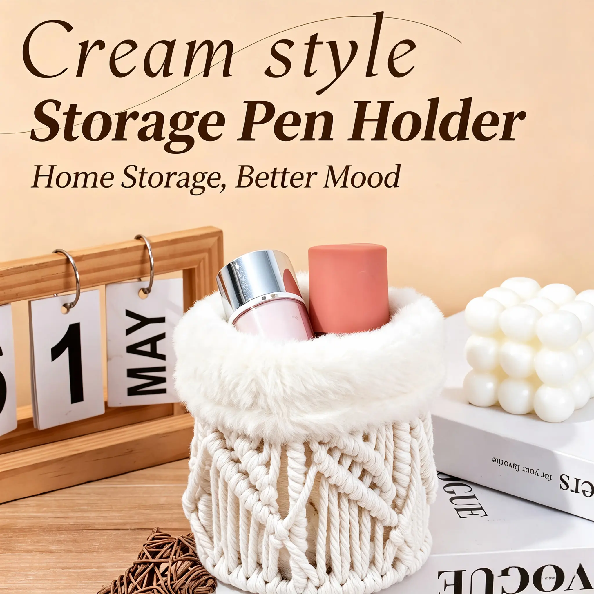 2 multifunctional storage tubes, handwoven with cotton rope, featuring creative plush lace detailing; for storing glasses, cosmetics, and accessories by the living room sofa or at the headboard, and for organizing office stationery supplies.