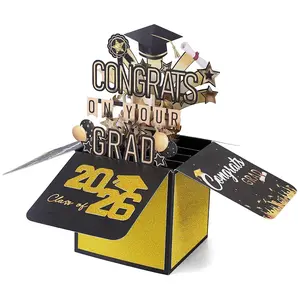 2026 Graduation Season Black Gold 3D Greeting Card, Glitter Hollow Hot Stamping 3D Box, Happy Graduation Wishes Card