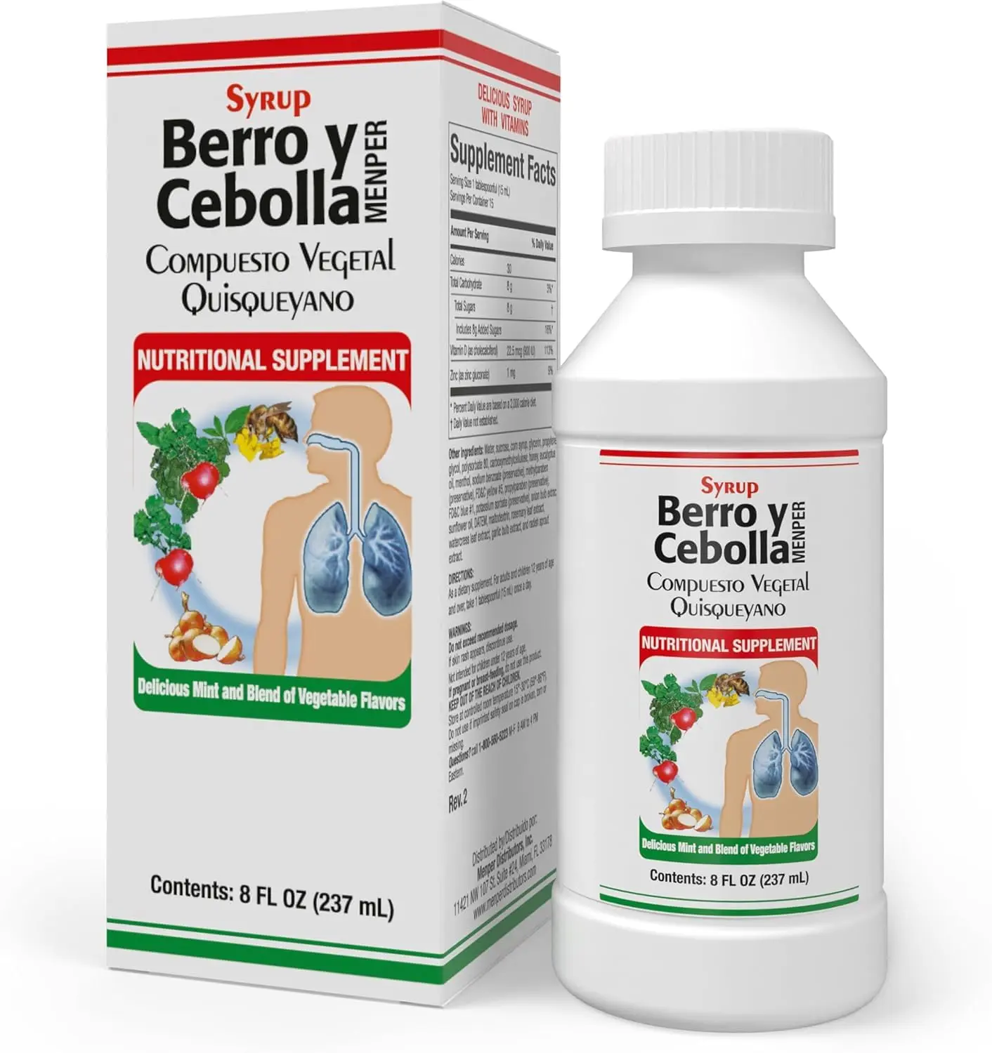 MENPER Berro & Onion Natural Botanical Blend Herbal Syrup - 8 fl oz Bottle, OTC Cough Support, Respiratory Aid for Adults, Contains Botanical Ingredients