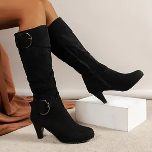 Women's solid color chunky heel boots-fashion buckle strap design dress boots, stylish side zipper boots-leather-for women-suitable for parties, dates, and everyday wear-perfect gift for fashionistas