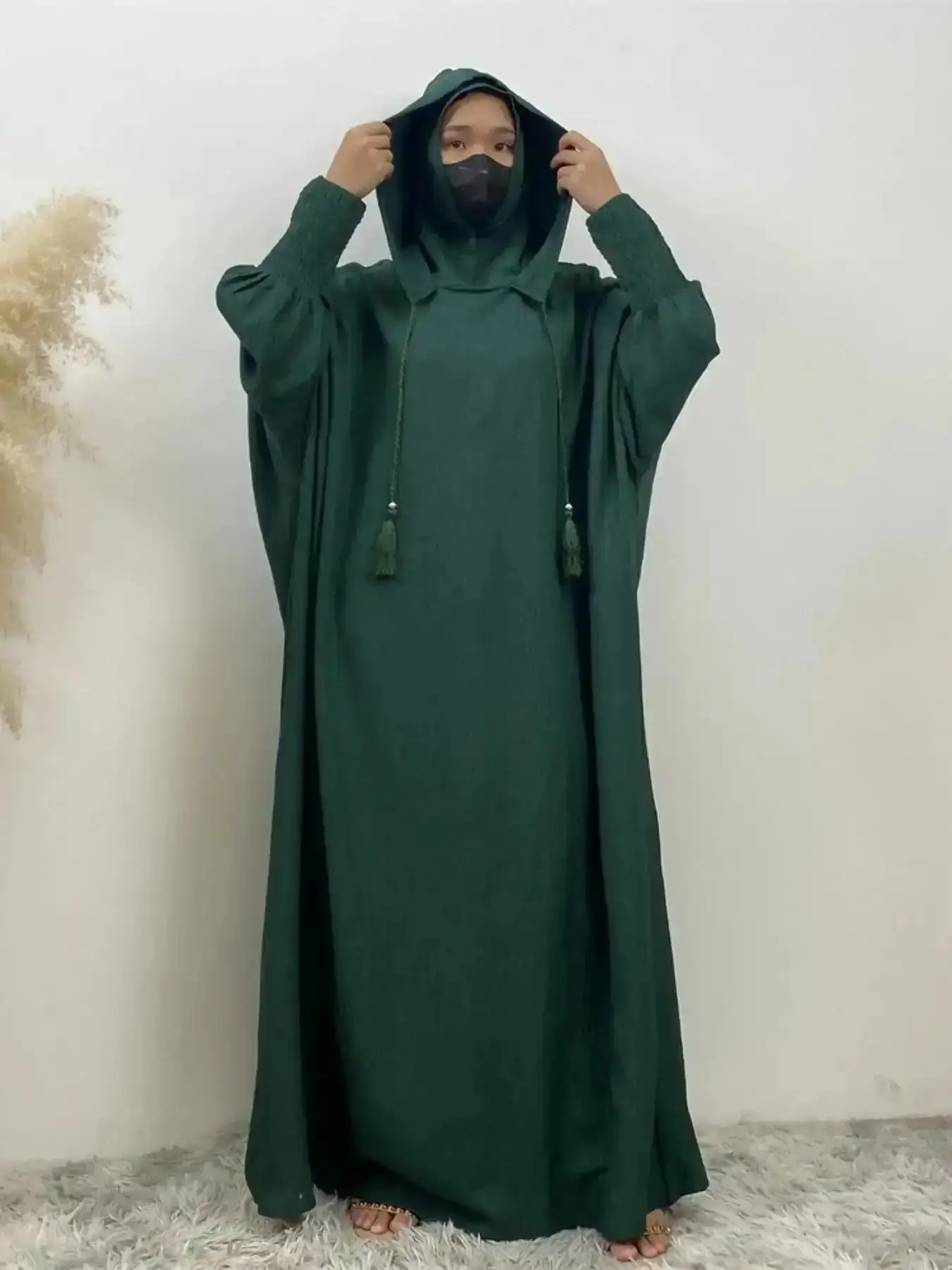 Women's Solid Color Batwing Sleeve Drawstring Hooded Dress, Casual Shirred Cuff Long for Spring & Fall, Islamic Clothing Daily Wear, Soft Touch, Fresh Look, Outdoor, Simple Style, Breathable, Fashion, Garden Party