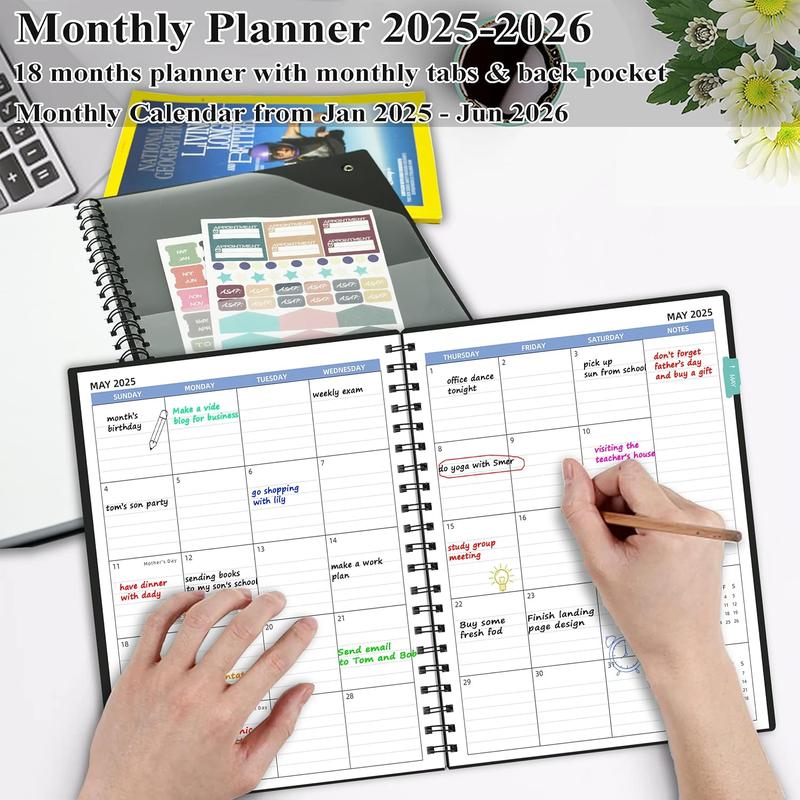 Monthly Planner20252026 (7.4'' x 9.6''), 2025 Calendar 18 Months Planner from Jan 2025Jun 2026, Academic Planner with Monthly Tabs  Pocket, Perfect for School  Work, 120GSM Thick Paper, Black