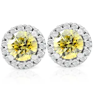 1/2 Ct Halo Fancy Canary Yellow Lab Grown Diamond Studs 10k White Gold Earrings