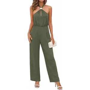 Lazysmile Summer Jumpsuits for Women Sleeveless Halter Backless Pants Romper Dressy Wide Legs One Piece Outfits