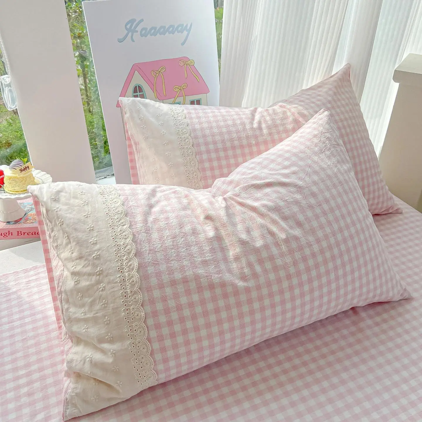 2Pcs Korean Princess Style Lace Plaid Pillowcases Girls Home Bedroom Decorative Soft Skin-friendly Pillow Cover 48x74cm