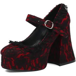FIFSY Women's Lace Flower Gothic Buckle Mary Janes Shoes - Chunky High-Heeled Goth Platform Wedges, Fashion Women's High Heels Shoe
