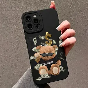 Large Window Phone Case for IPhone 17 Air 16 15 14 13 Pro Max Plus Plus Glasses Bear Pattern Shockproof Full Camera Protection Durable Slim Silicone Cover