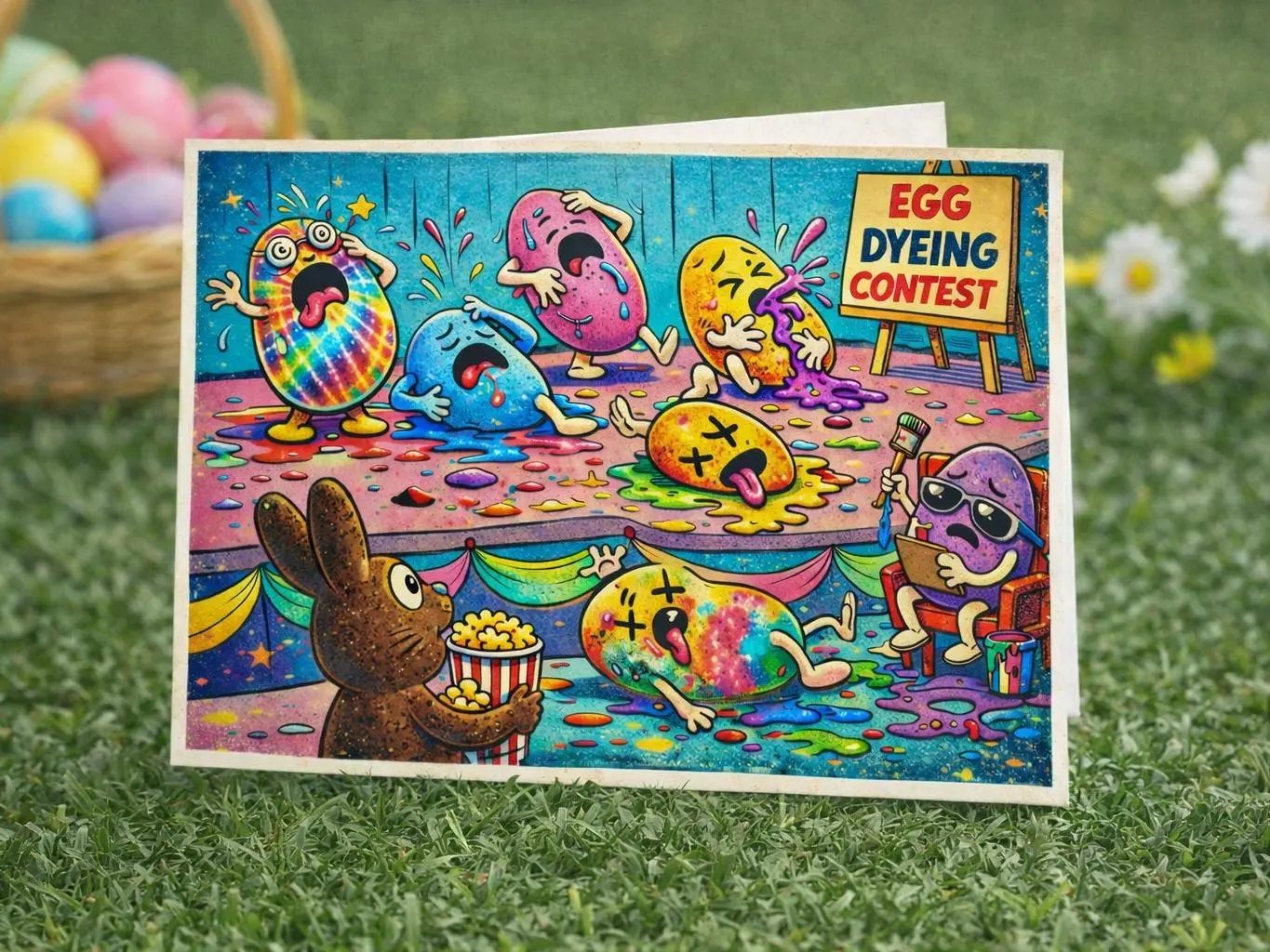 Chaotic Easter Egg Dyeing Contest Card – Funny Easter Greeting Card