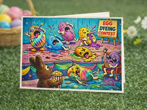 Chaotic Easter Egg Dyeing Contest Card – Funny Easter Greeting Card