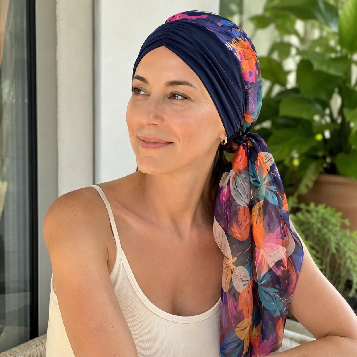 Pre-Tied Chemo Headwrap for Women, Soft Lightweight Turban Head Scarf with Floral Chiffon Tails, Full Coverage Hair Loss Cap for Cancer Patients, Alopecia and Daily Wear