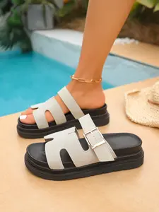 Women's Hollow Out Thick Sole Open Toe Rubber Sandals, Multi-Color Buckle Decor Outdoor Wear Shoes, Casual Beach Slippers for Daily Use