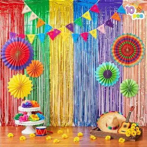 Cinco De Mayo Decorations Set with Fiesta Foil Fringe Curtains Backdrop, Balloon Decoration Set, Plastic Papel Picado Banner, Paper Fans